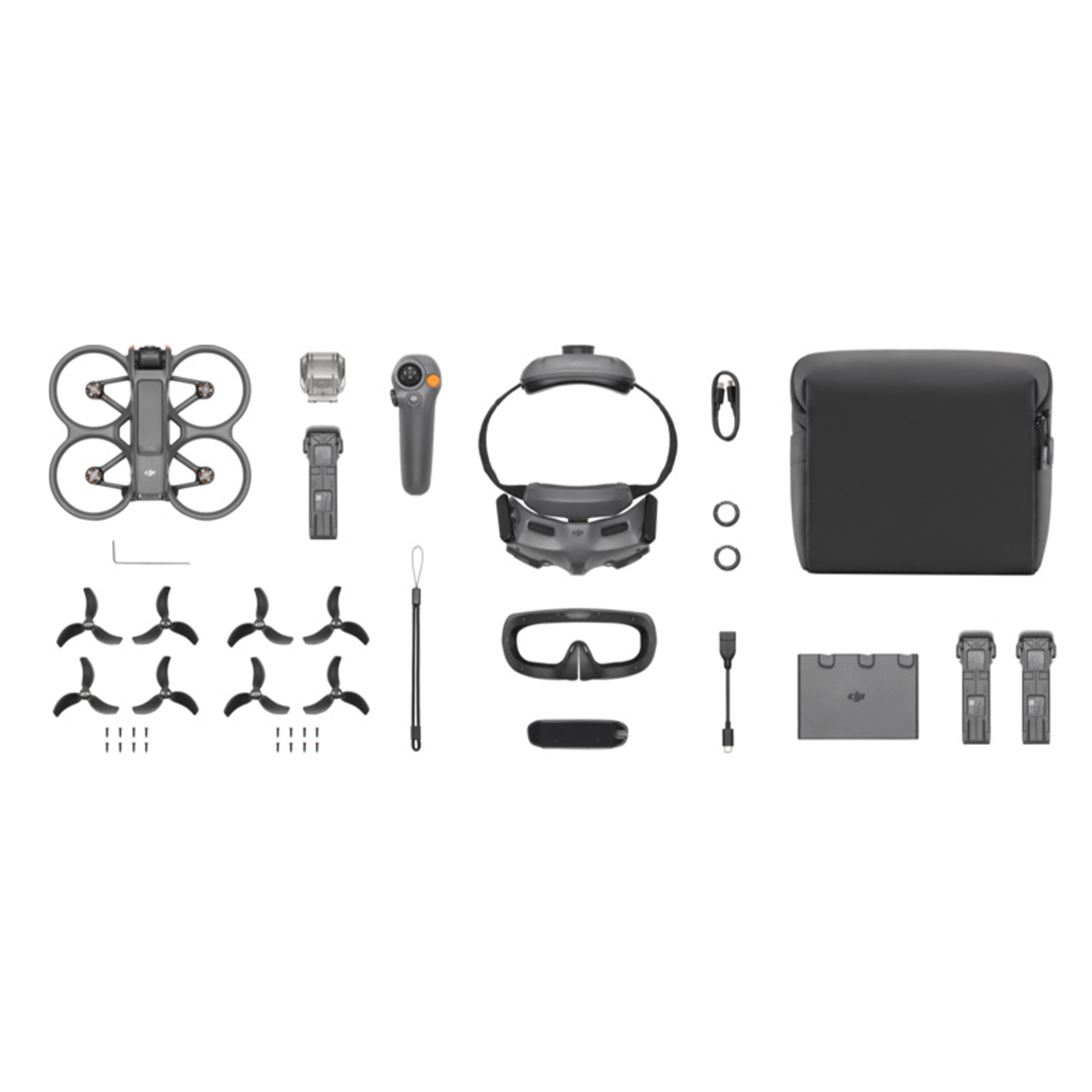 DJI Avata 2 komplettes Set Fly More von oben mit Googles und drei Batterien sowie Motion Controller RC3
