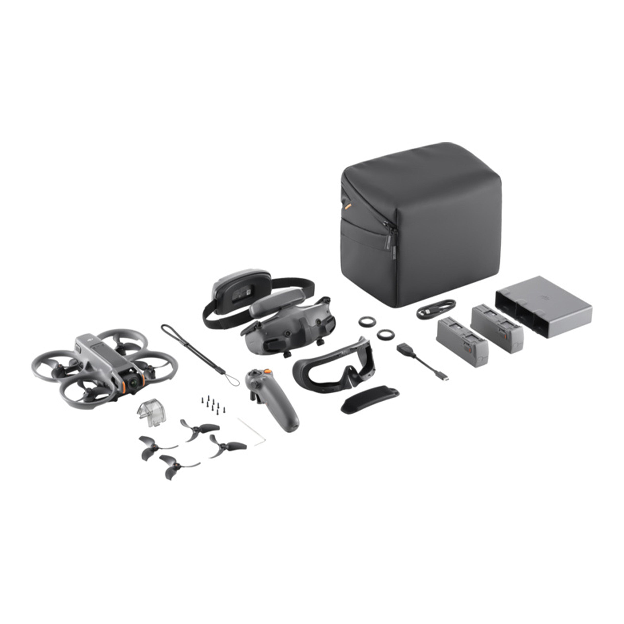 DJI Avata 2 komplettes Set Fly More von oben mit Googles und drei Batterien sowie Motion Controller